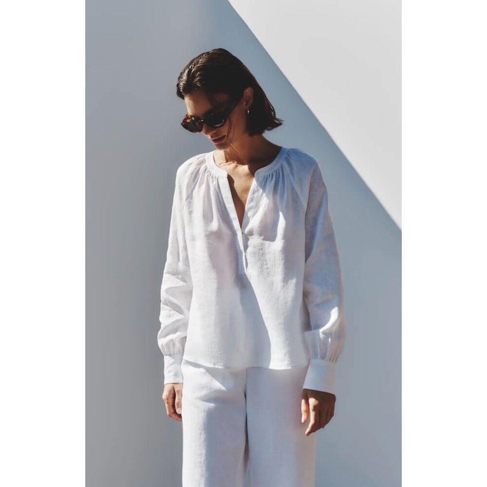 QUINCE 100% European Classic Linen White Peasant Blouse, Sz L